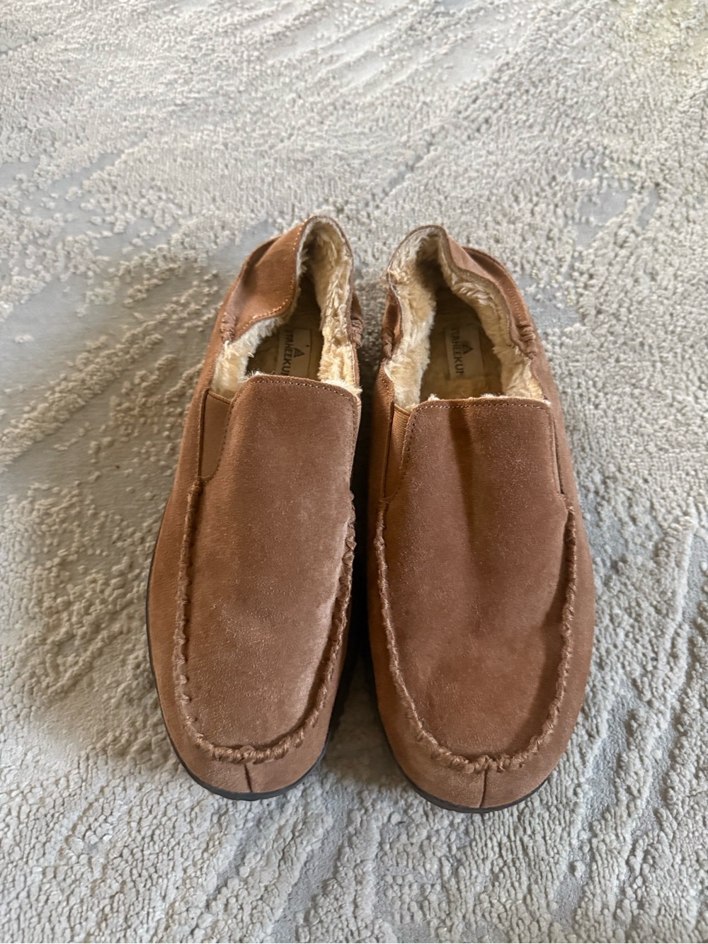 STAHEEKUM Curbside Slippers leather suede tan brown faux fur lined 11